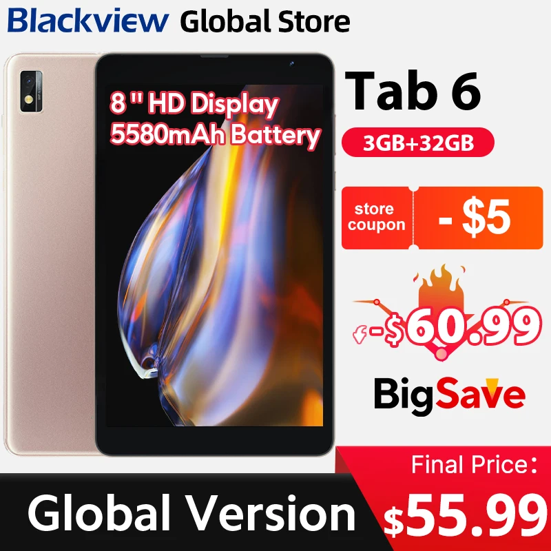 Blackview Tab 6  Tablet  8'' HD Display Unisoc T310  3GB 32GB 3G 3.5mm jack 5580mAh Battery WiFi 5MP Camera Android 11 Pad PC