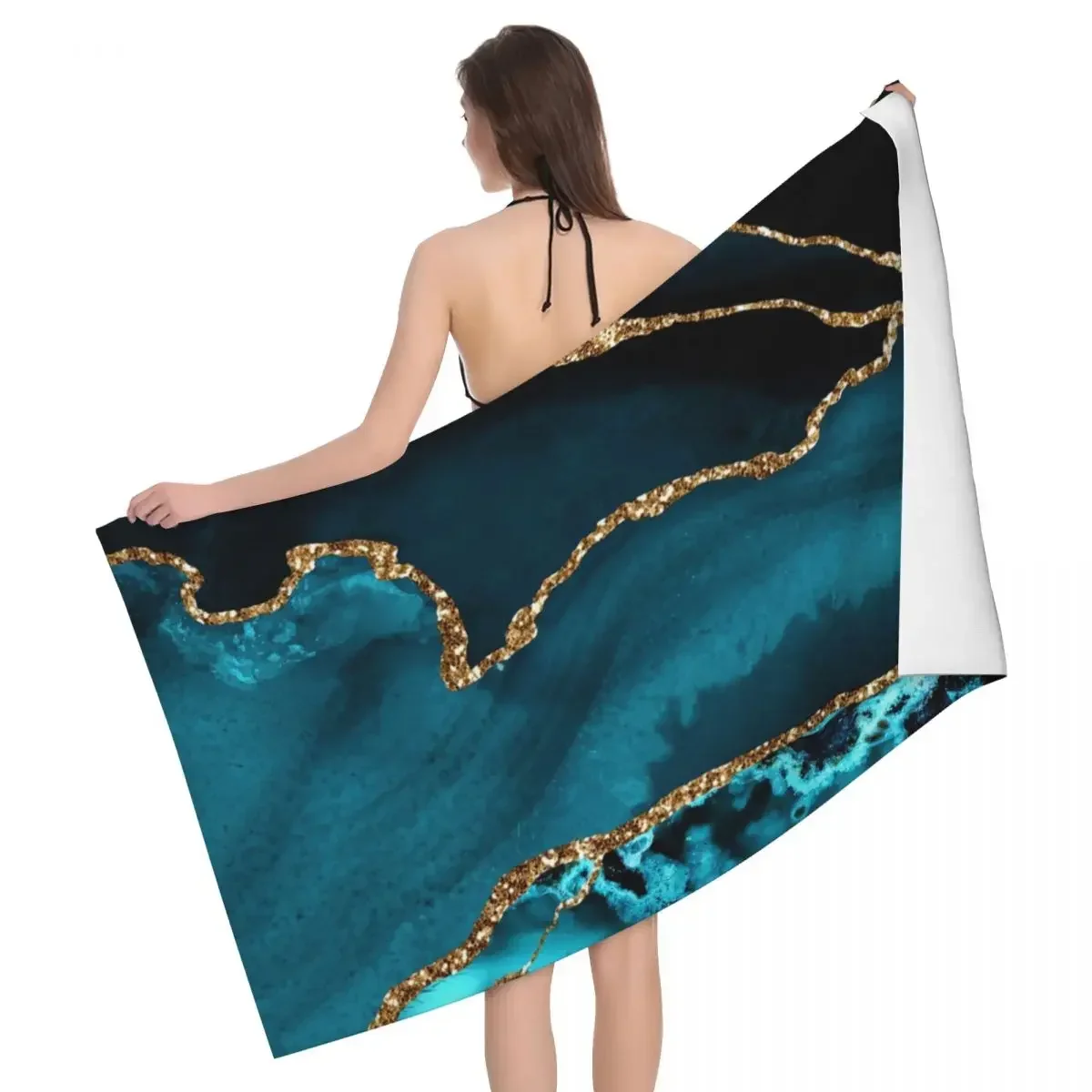 Teal Blue And Gold Hues Marble Agate Beach Towel Geometric Abstract Modern Super Soft Microfiber Pool Towels