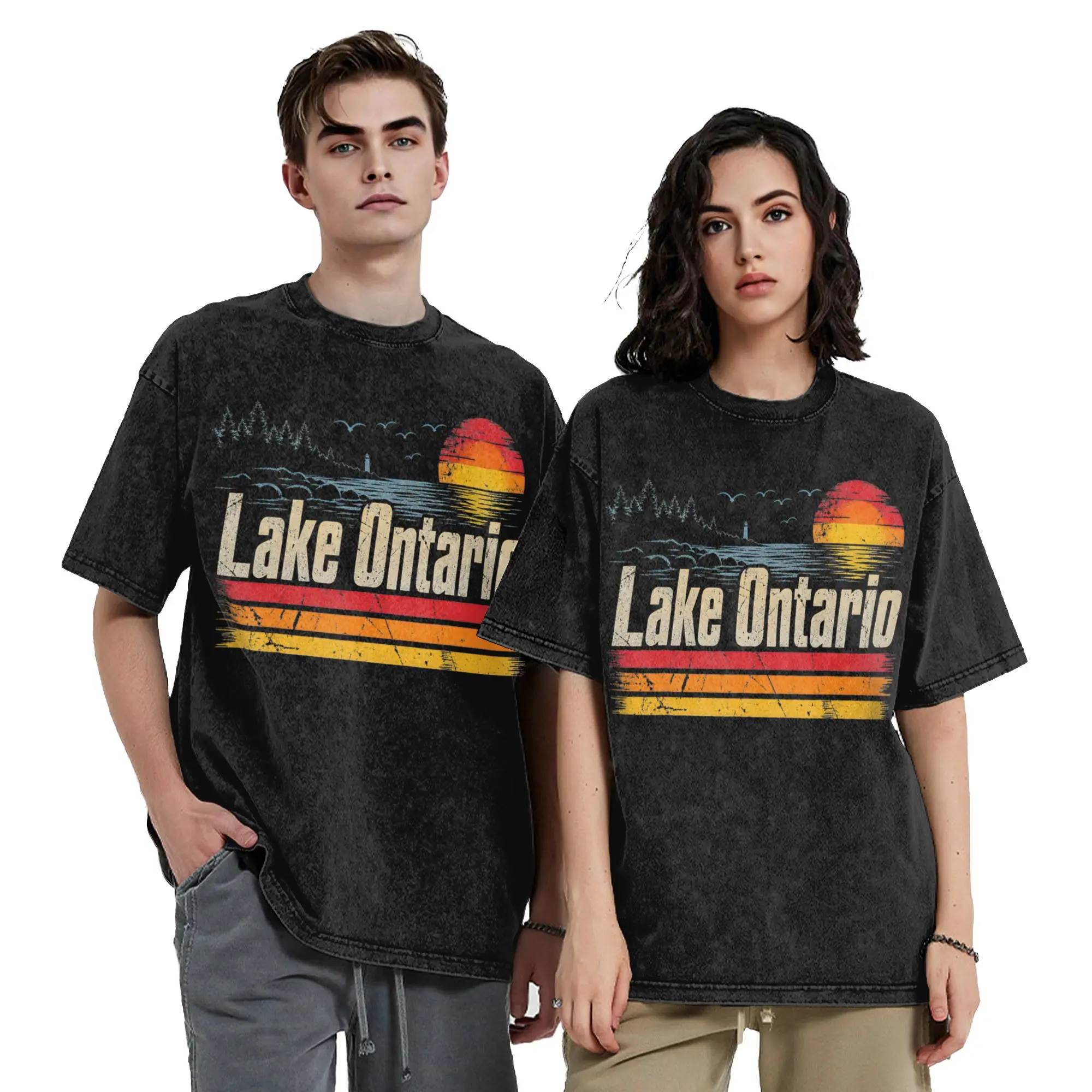 Retro Sunset Great Lakes Lake Ontario T Shirt Washed Oversize T-Shirt  Vintage Men Women Tops Streetwear Graphic Printed Tees