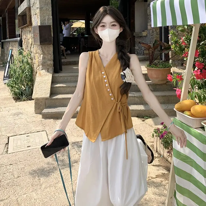 

Women Clothing Summer Fashion Korean Button Drawstring Solid Color V-neck Female Elegant Trend Temperament Sleeveless Cardigan