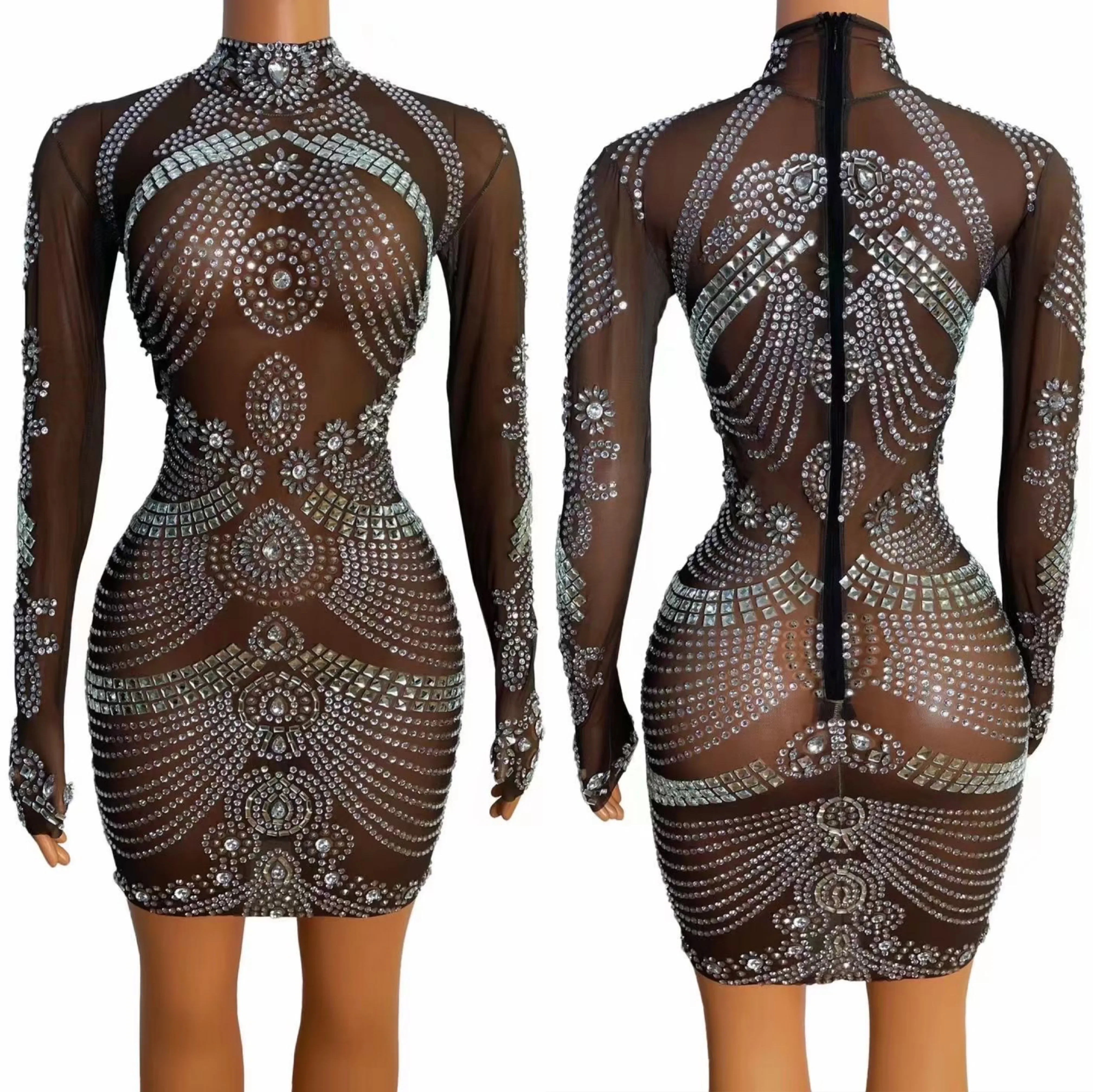 Brown Shining Rhinestones Sexy Long Sleeves Sheath Dress For Women Nightclub Party Clothing Singer Stage Costumes Prom Wears