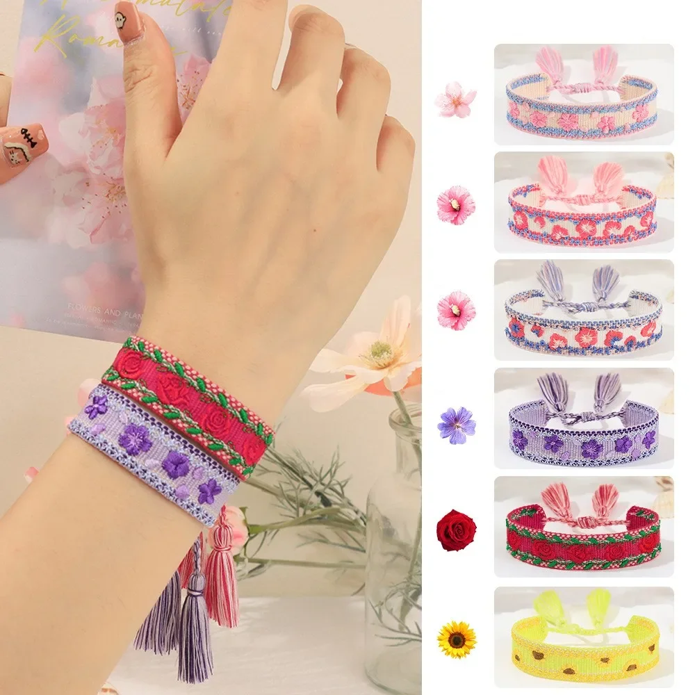 

2023 New Embroidery Flower Woven Bracelet For Women Cherry Blossom Sunflower Wrist Strap Bohemian Bracelet Fashion Jewelery Gift
