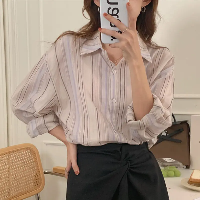 American Style Retro Loose Color Striped Long Sleeved Shirt Autumn New Fashion Casual Versatile Comfortable Popular Women\'s Top