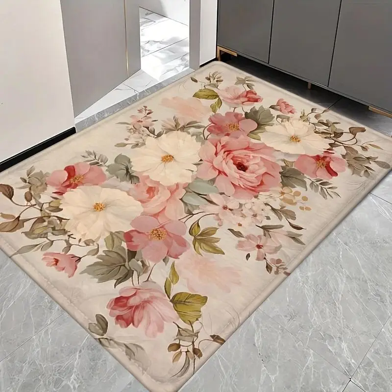 Rose Printed Pattern Mat Outdoor Non-slip Easy To Clean Rug Wrinkle-Resistant Doormat Washroom Entrance Decor Washable Carpet