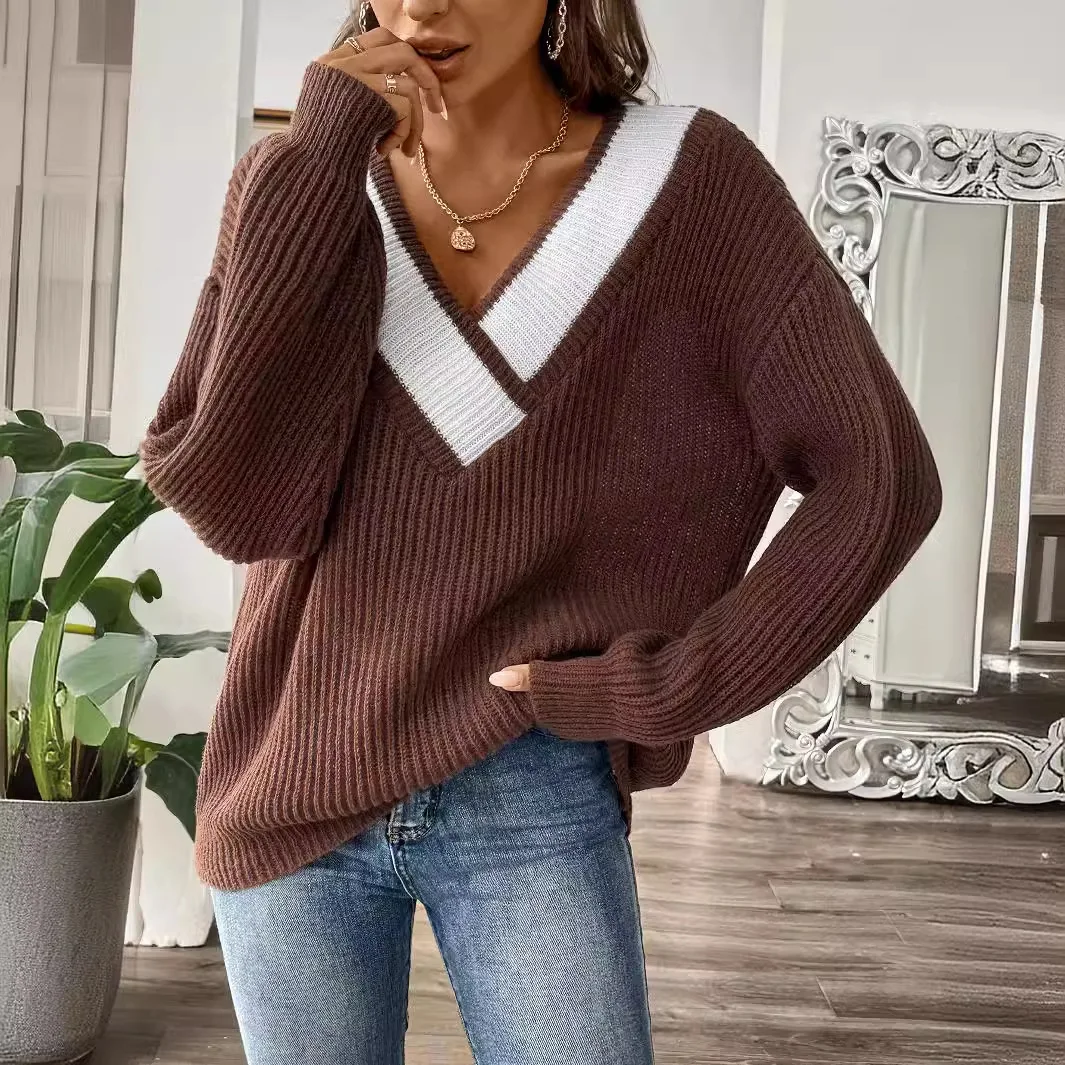 

Womens Invierno Pull Automne Femme Fashionable V-neck Long-sleeved Loose Solid Color Splicing Pullover Sweater Herbst Mode Damen