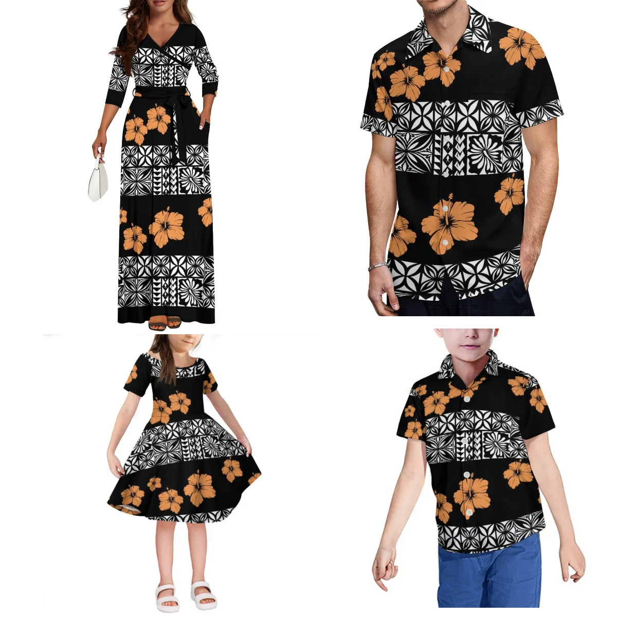 Pacific Island Custom Men'S Boys Shirt Ladies Girls Dress Retro Print Slim-Fit V-Neck Maxi Samoan Specialty Clothing