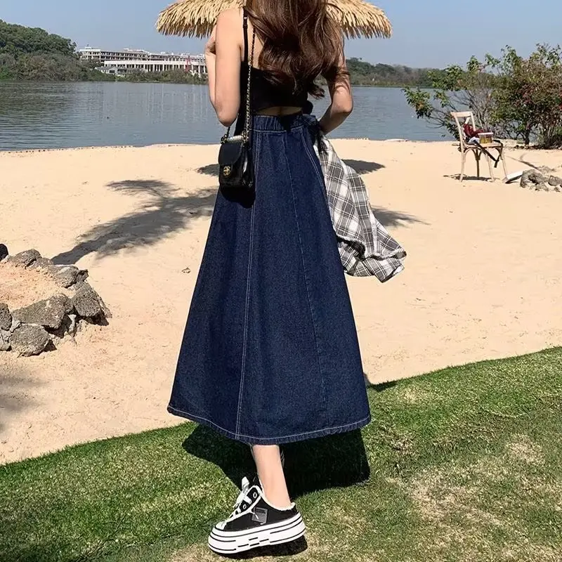 Denim Skirt Women Vintage High Waist Washed Long Skirts Button Fly Distressed Female Streetwear A Line Spring Summer 2026