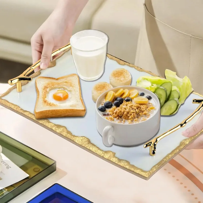 

Natural Marble Vanity Tray with Golden Edges and Handles, Luxury Serving Tray for Kitchen Counter Dresser Nightstand Desk