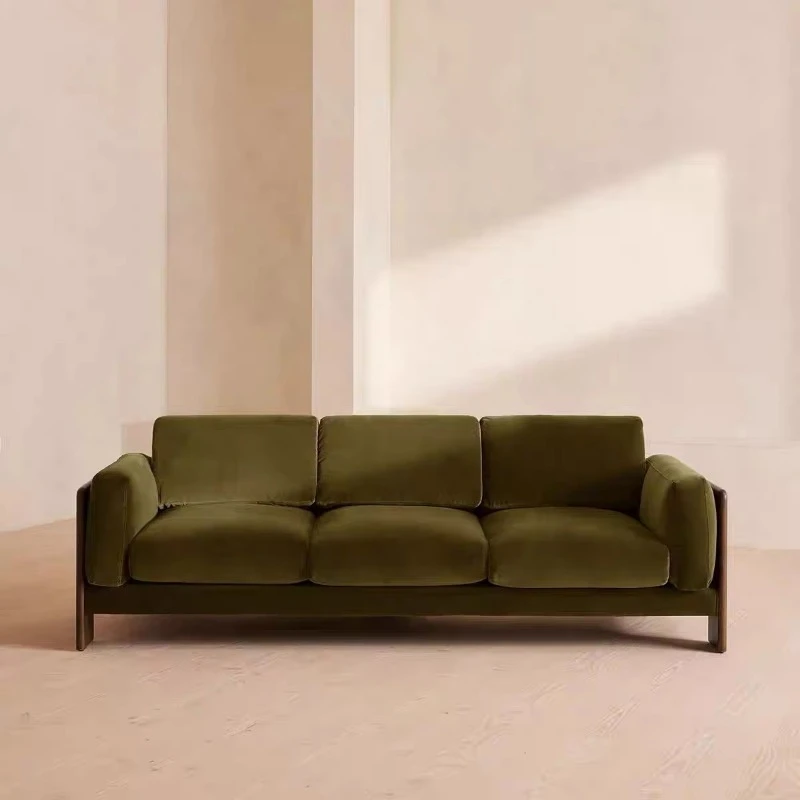 Modern simple velvet fabric solid wood sofa living room set - straight three-seater sofa