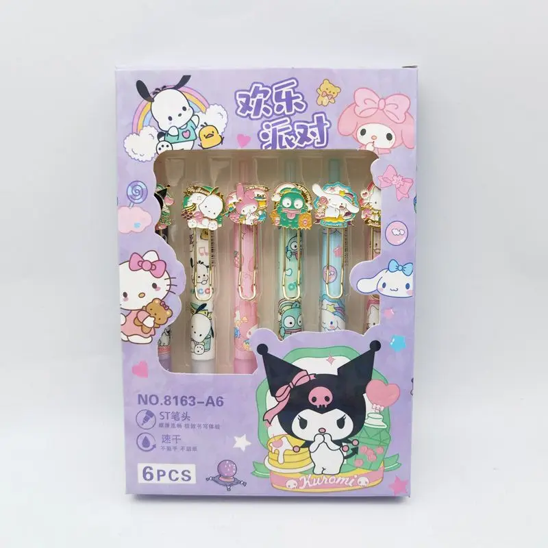 새로운 헬로 키티 박스형 패치 펜 만화 헬로 키티 6팩 메탈 펜 홀더 중성 펜 필기 펜