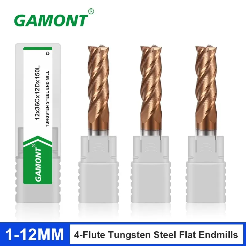 GAMONT Bronze Coated 1.0-12.0mm Tungsten Steel Carbide 4-Flute Flat Bottom Milling Cutter CNC Machinery Machining End Mill Tools