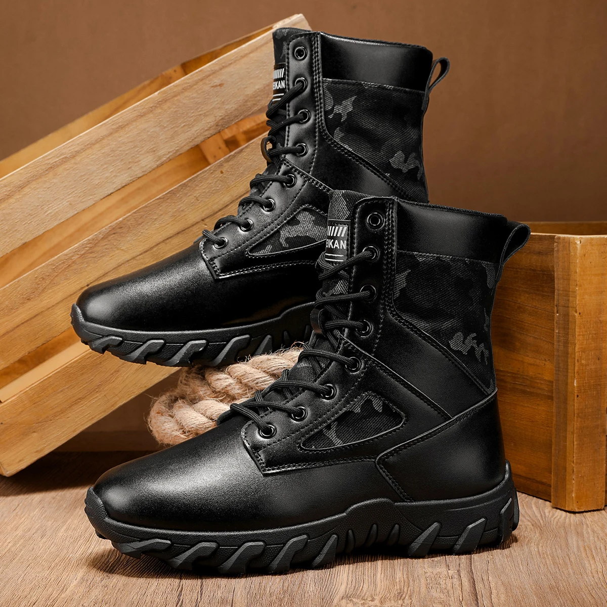 Botas altas negras de estilo resistente para hombre, botas de moto para senderismo, montañismo y campo traviesa al aire libre