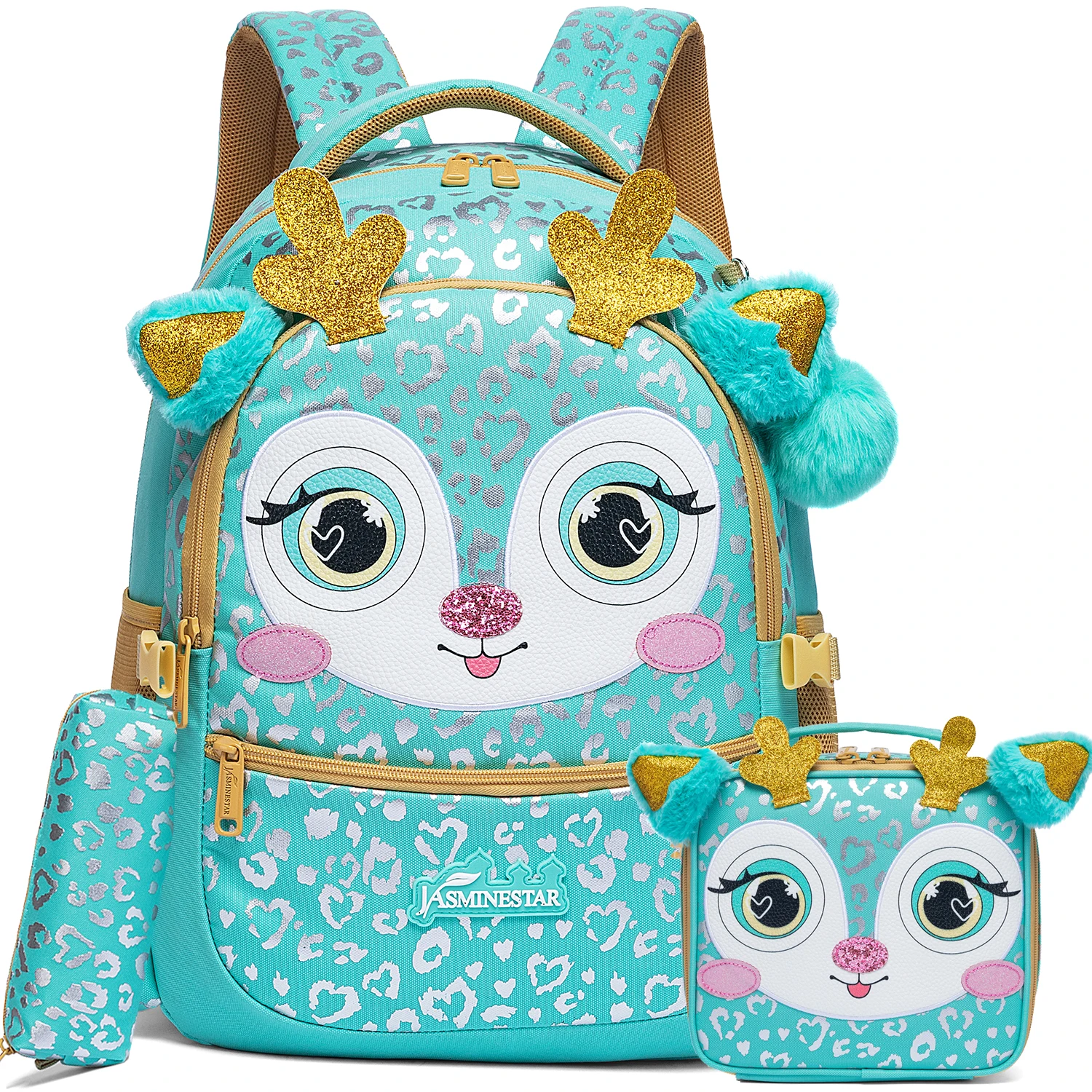 3PCS Cute Animal Backpack for Girls PU Leather Bookbag for Elementary School with Lunch Bag And PenBag