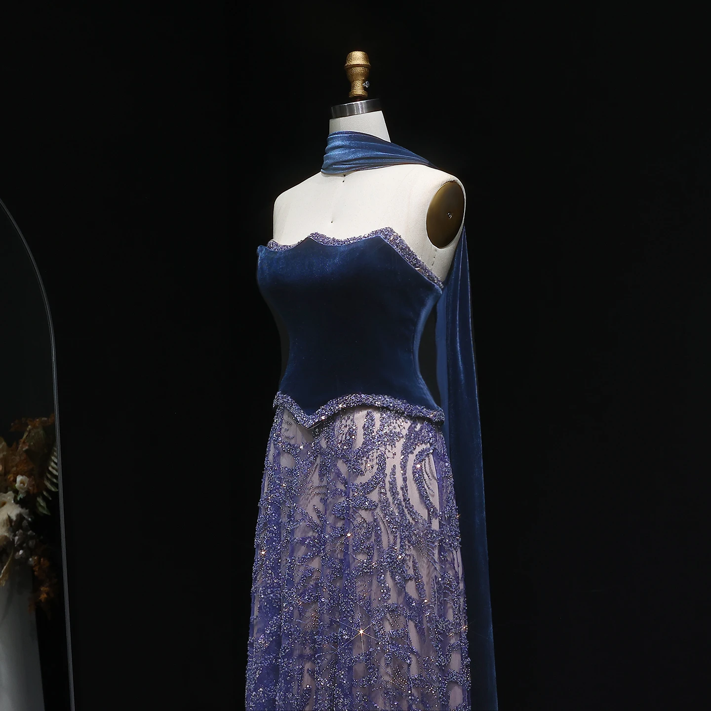 Sharon Said Luxury Beaded Blue Velvet Two Pieces Evening Dress with Scarf Arabic Women Wedding Guest Party Gown SS793 Customized image 3