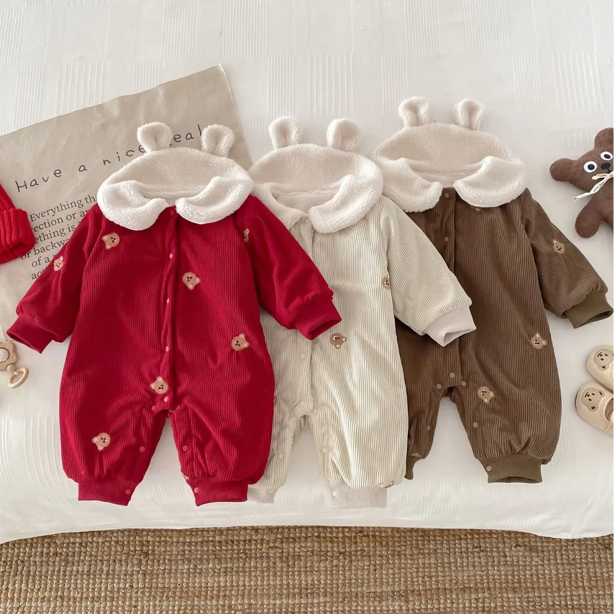 2024 Korean autumn winter baby girl romper newborn girl plush thickened bodysuit toddler girls Corduroy bear embroidery jumpsuit