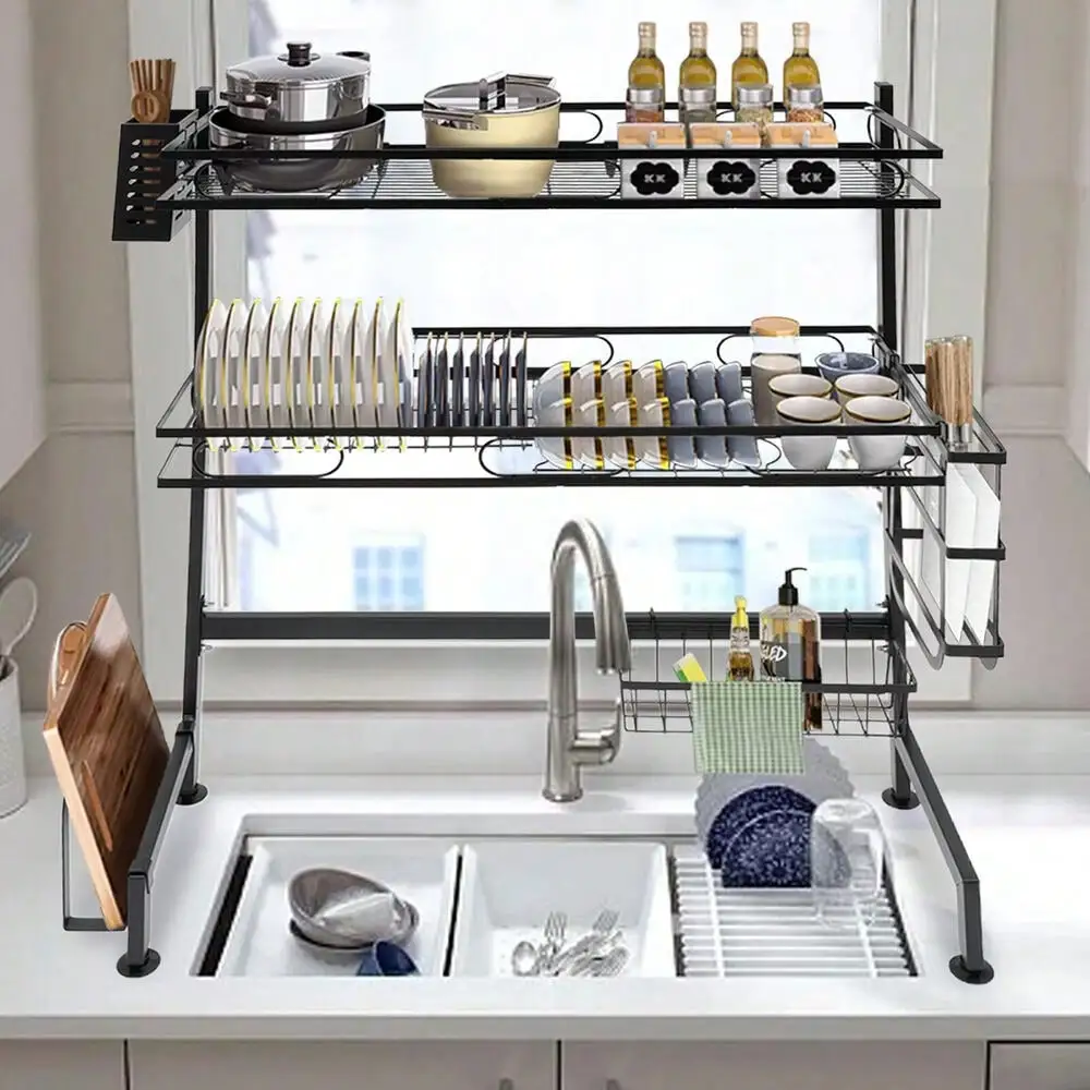 

2-Tiers Adjustable Large 24.4'' Dish Drying Rack Large Drainage Over-The-Sink