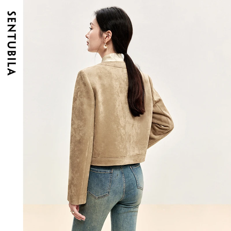 SENTUBILA Texture Loose Fit Jackets for Women 2024 Winter Retro Metal Single Breasted Crew Collar Cropped Tops Ladies 143W56459