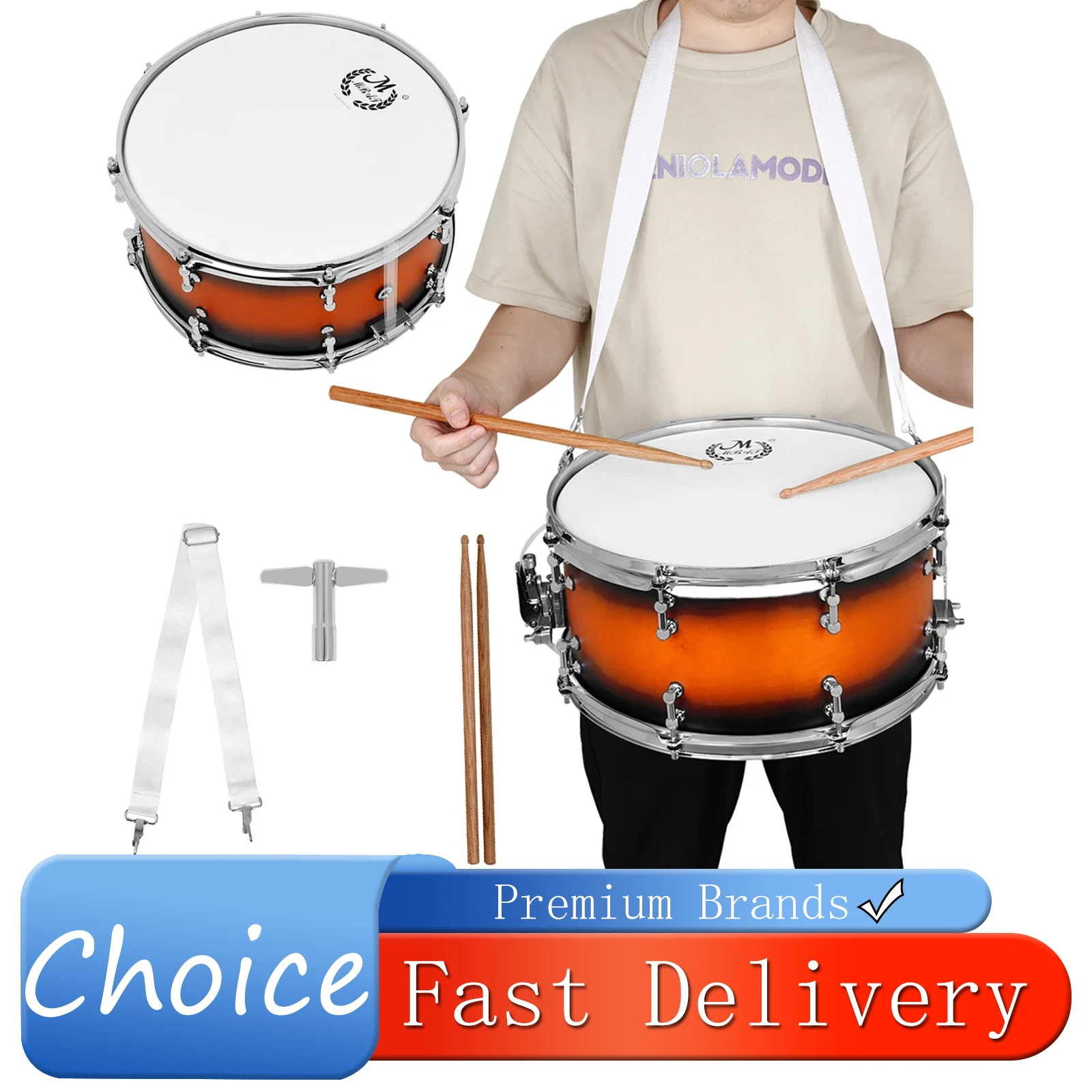 

Барабан малый M MBAT 14×6.5 дюймов, ударный инструмент, маршевый барабан, профессиональные барабанные головки, малый барабан с палочками и ремнем