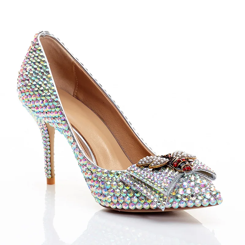 

Moraima Snc Bling Bling Rhinestones Decorations High Heel Shoes Women Sexy Pointed Toe Butterfly-knot Wedding Heels