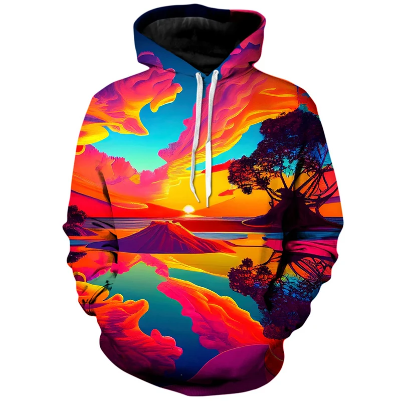 New Hoodies Sweatshirt Men's Hoodie 3D Sunset Dusk Printed Pullover Oversized Men's Tops Male Oil Painting Loose Clothes Coat