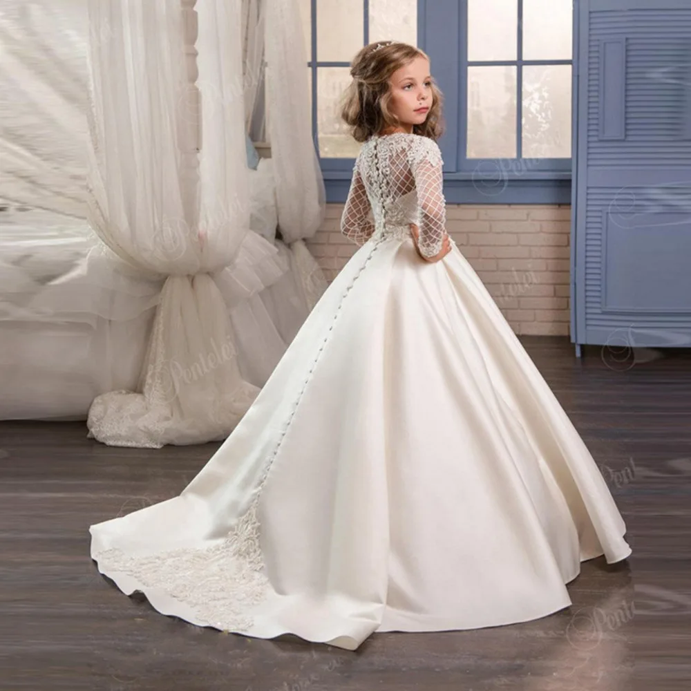 Luxury Satin Long Sleeve Flower Girl Dresses for Wedding Formal Child Pageant Princess Kids Holy Communion Gown with Train