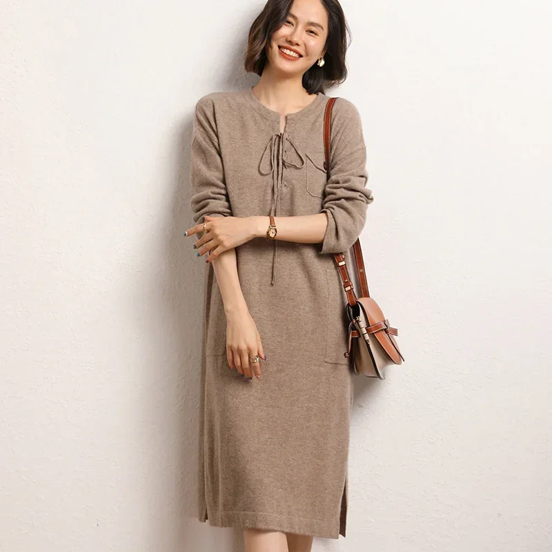 Autumn Winter New 100% Cashmere Sweater Dress Women Casual Long Dresses Female Loose Large Size Knitted Pullover Lady Clothing