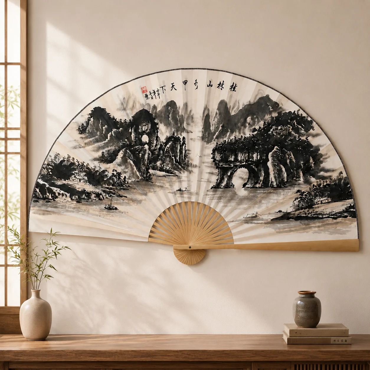 160cm Oversized Wall Hanging Fan, Printed Mountain River Ink Painting Bamboo Frame, Chinese Style Wall Decor for Home Tea Room