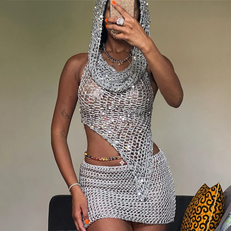 Gtpdpllt Y2k Sexy Two Piece Set Hollow Out Knit Sequin Hooded Crop Top And Mini Skirt Crochet Rave Festival Outfits For Women