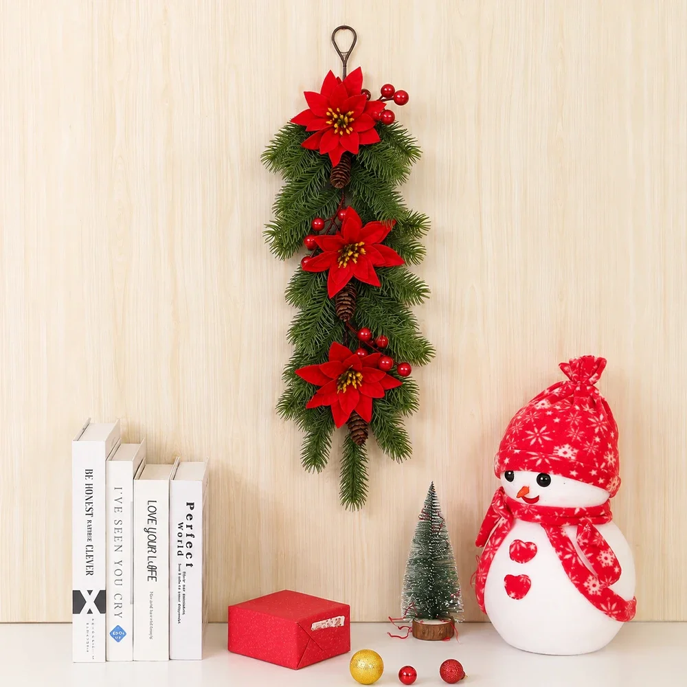 2-teilige Weihnachts-Hängegirlanden, künstliche Kiefernzweige, Weihnachtssternbeeren, Tannenzapfen für Tür-, Wand- und Kamin-Dekoration, Weihnachtskränze – Detail 1