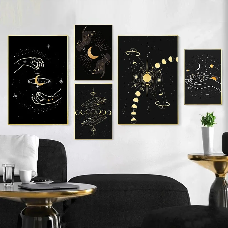 Black Gold Poser Modern Abstract Lunar Eclipse Painting Dragonfly Butterfly Living Room Background Wall Art Home Decoration