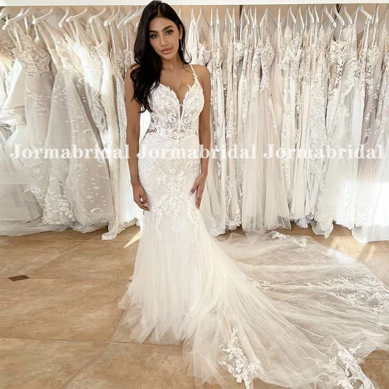 

Sexy V-neck Mermaid Wedding Dress Spaghetti Strap Sheer Bodice Tulle Bridal Gowns Floral Applique Custom Bride Dress Long Train