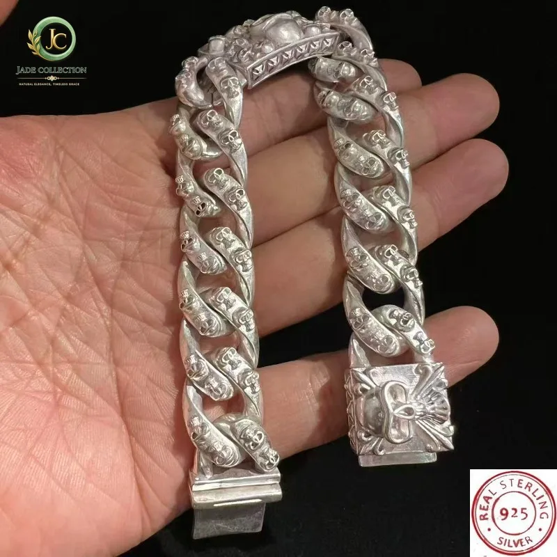 S925 Vintage Chinese Style Tibetan Silver Skull Bracelet, Hip-Hop Personalized Jewelry, Fashion Gift for Men & Women