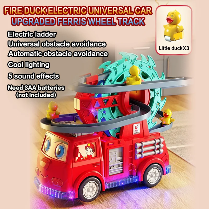Colorful Sound And Light Rotating Ferris Wheel Track Fire Truck Toy with Duck Stair Climbing Feature Baby's Favorite Holiday Gif