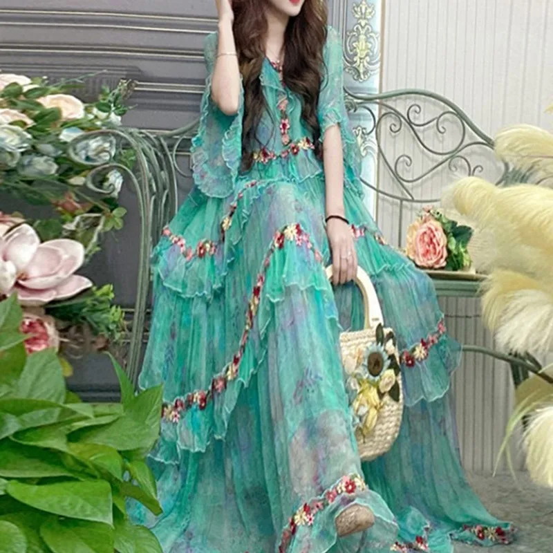 

Women's Dress New Chiffon Loose Long Sense Green Shivering Slimming