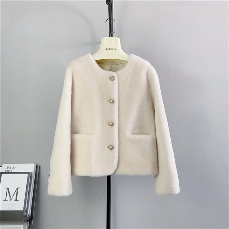 Lady Girl Sheep Shearling Round Neck Short Jacket Pure Wool Fall and Winter Female Warm Winter Coat PT445