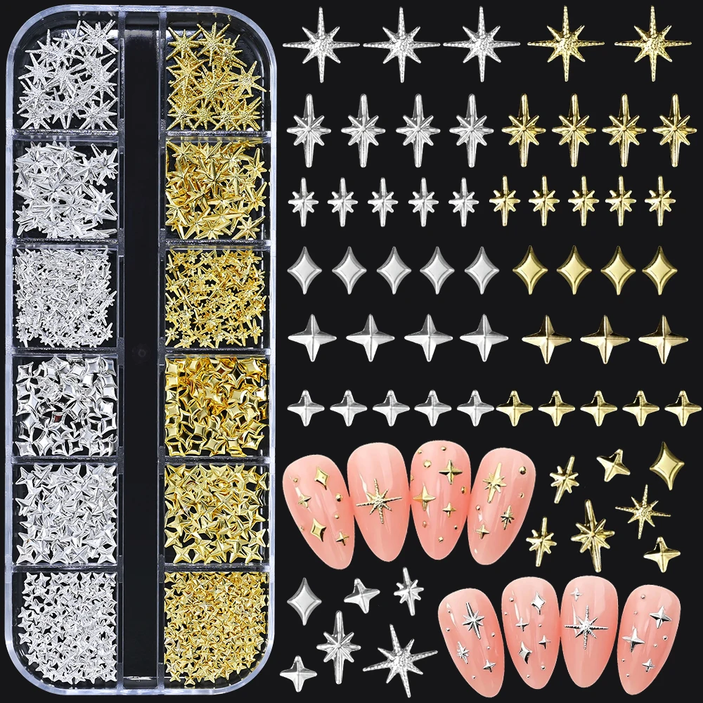12Grids 3D Metal Stars Nail Art Charms Gold/Silver Starlight Cross Rivets Nails Decorations Y2K Manicure Star Shape Accessories