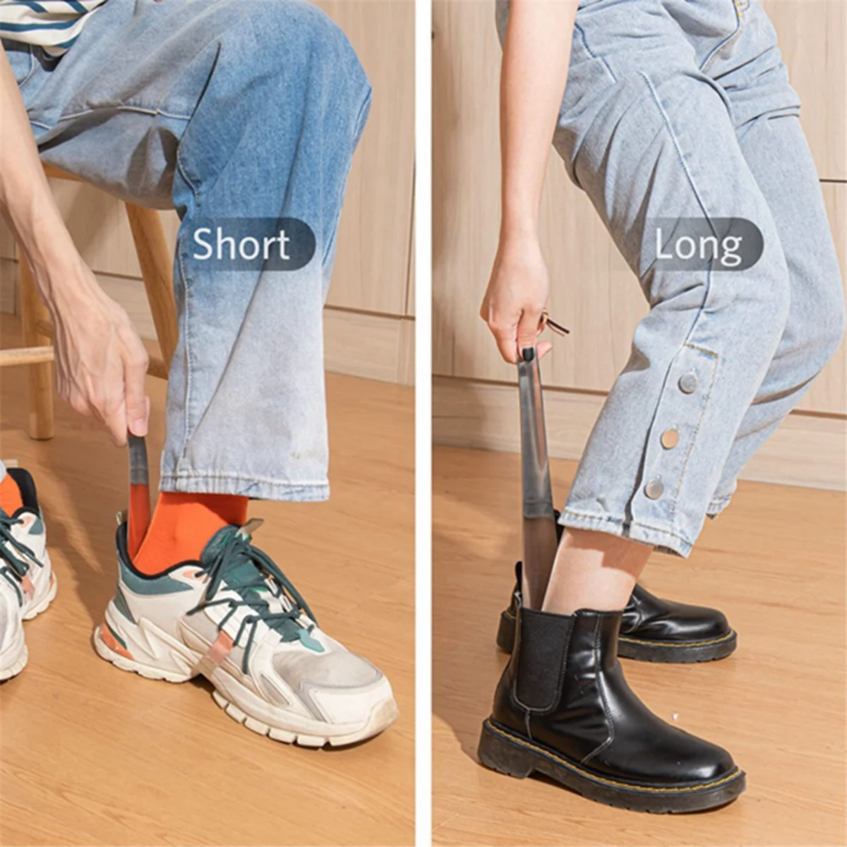 ชุดแตรรองเท้าเขากวางแต่งบ้านรองเท้าสั้นยาวแบบพกพาแตร sepatu bepergian เหล็กสแตนเลสยาว