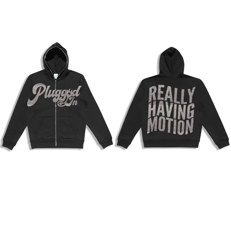 Hip Hop grunge Sweatshirt Korean Fashion Punk Sport Coat Pullover Rhinestone Gothic letter Long Sleeve Zip Hoodie Y2k jacket men