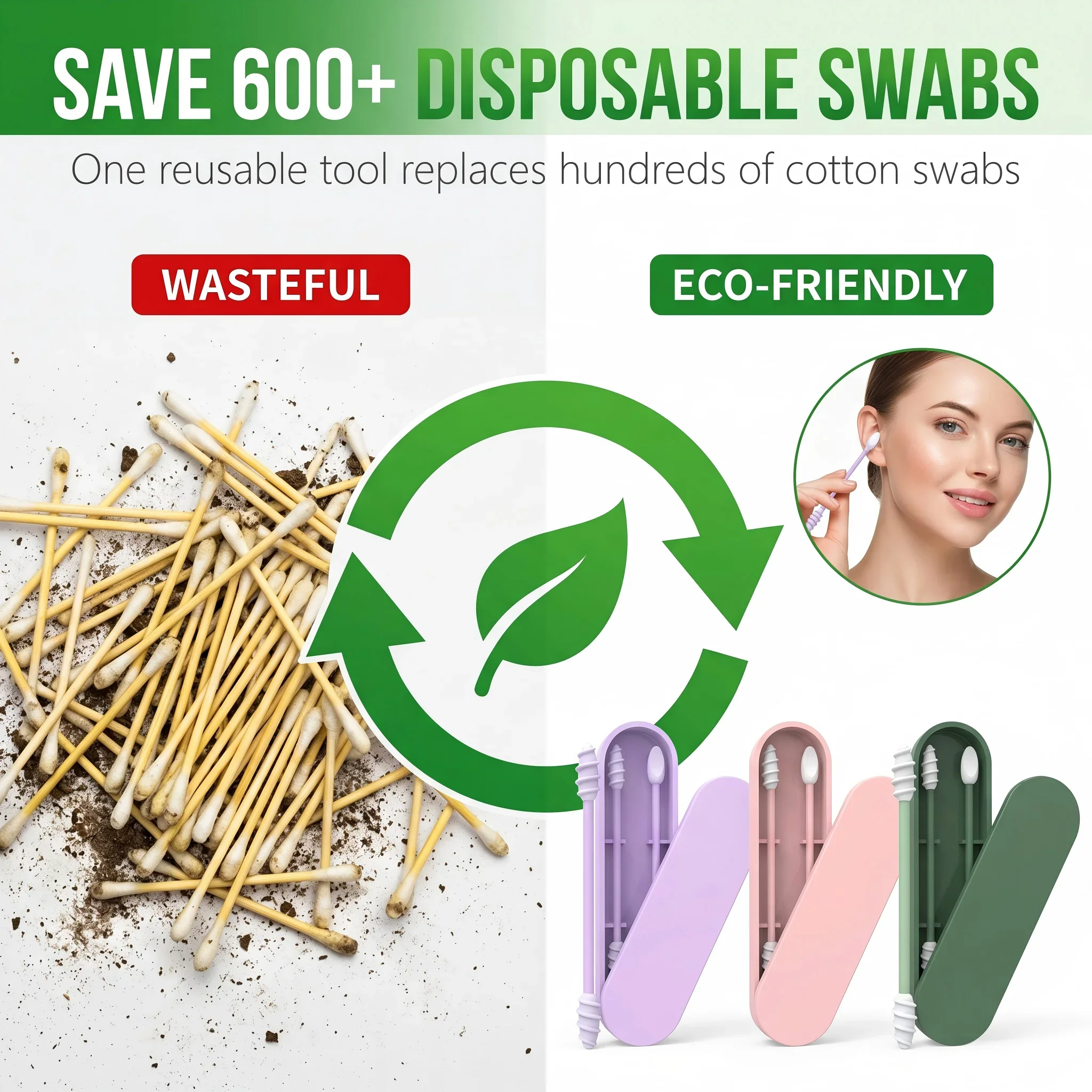 Reusable Silicone Cotton Swabs Ear Cleaner QTips Double Head Eco Friendly Washable Makeup Tool TravelCase ZeroWaste BeautyStick