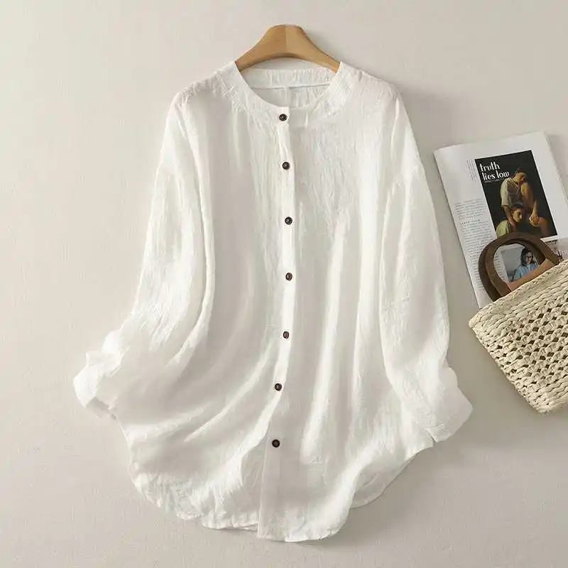 

Художественный темперамент, белая свободная льняная рубашка в китайском стиле, повседневная уличная одежда, корейская версия, блузка на пуговицах Blusa Blanca Mujer