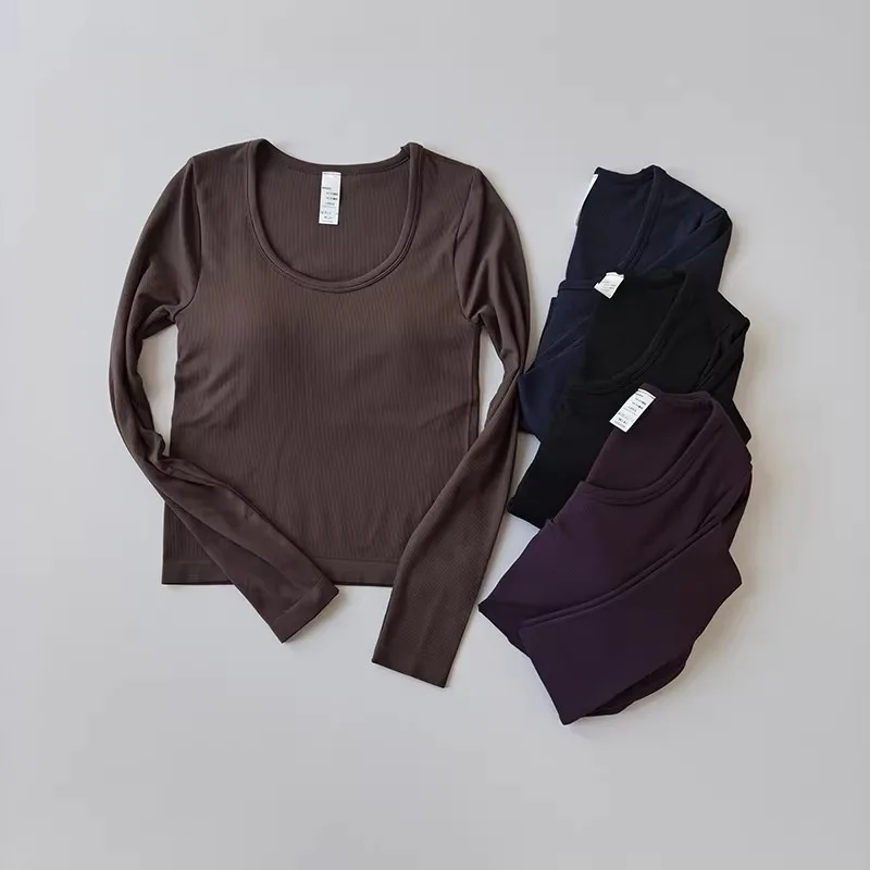 

Цельный U-образный утягивающий топ для йоги с высокоэластичной резинкой, быстросохнущая тренировочная одежда для женщин, длинные рукава для пилатеса