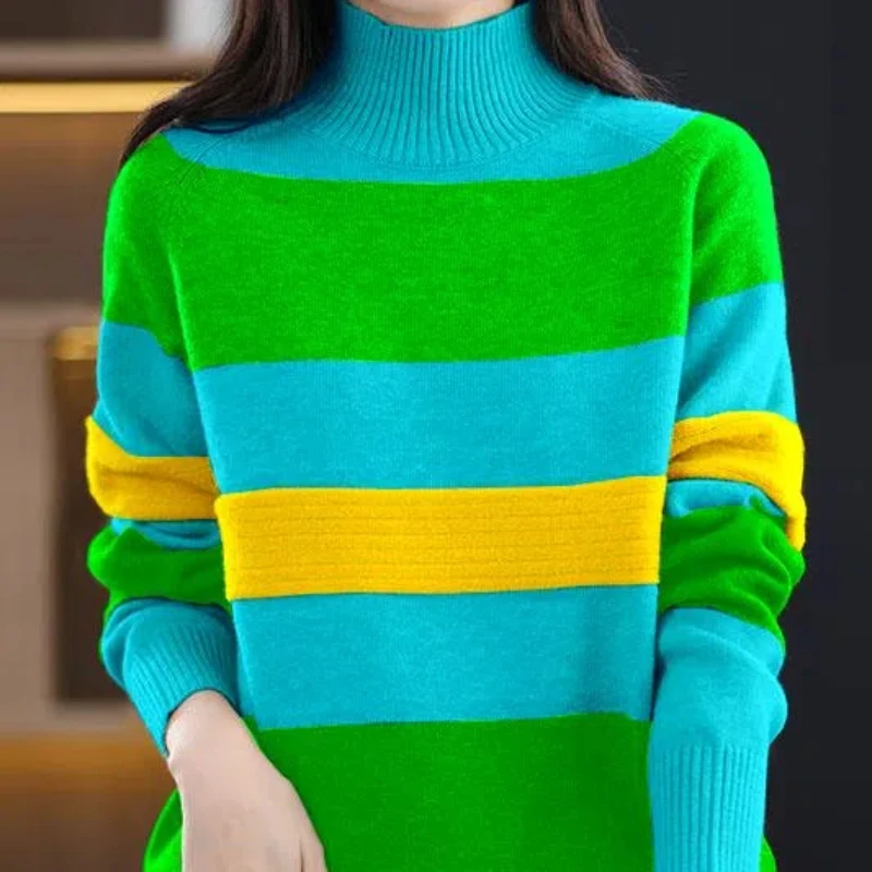 Contrast Color Half High Collar Sweater Women 2024 Autumn Winter New Patchwork Striped Loose Fashion Knitted Long Sleeved Top