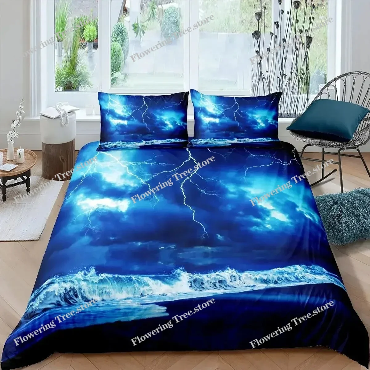 Lightning Duvet Cover Set Sea Wave Natural Disasters Sea Landscape Bedding Set Dark Clouds King Size Polyester Comforter Cover