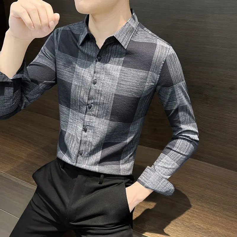 Spring Autumn Men\'s Clothing Plaid Long Sleeve Button Contrast Color Cardigan Shirt Casual Turn-down Collar Boyfriend Tops