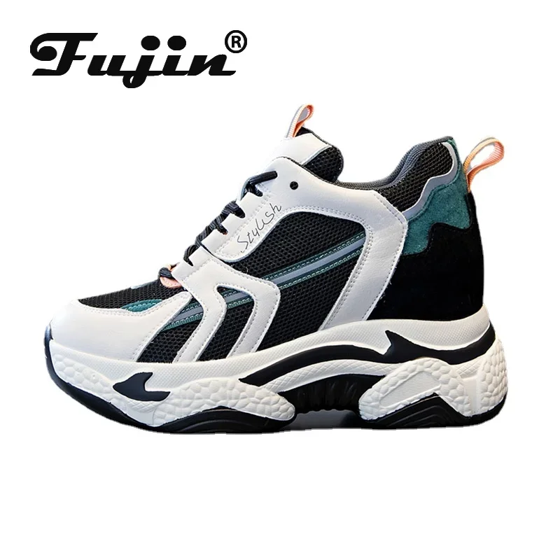 Fujin 9cm Genuine Leather Women Casual Shoes Chunky Sneakers Za Platform Wedge Heel Women Vulcanized Shoe Sping Winter Warm Shoe