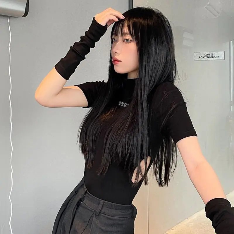 Combinaison noire évidée pour femme, barboteuse sexy pour femme, costume de batterie, vêtements d\'été à manches longues, salopette serrée,