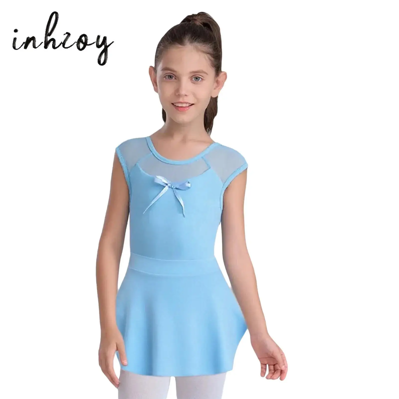 

2Pcs Kids Girls Professional Ballet Dance Dress Round Neck Sleeveless Knot Cutout Back Mesh Patchwork Leotard+Sides Slit Skirt