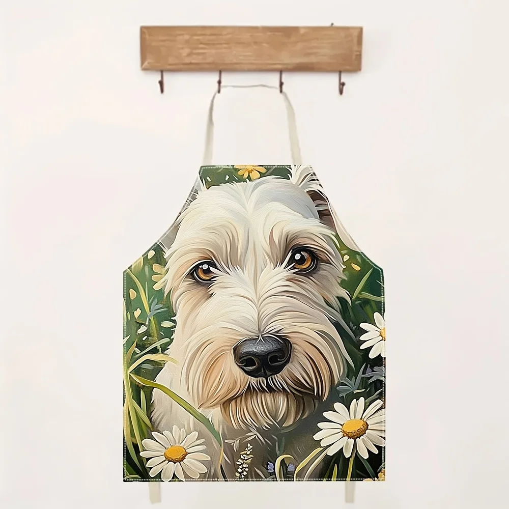 Cute White Dog Apron, Floral Puppy Kitchen Bib, Realistic Pet Lover Cooking Gift for Women Mom Home Decor Housewarming