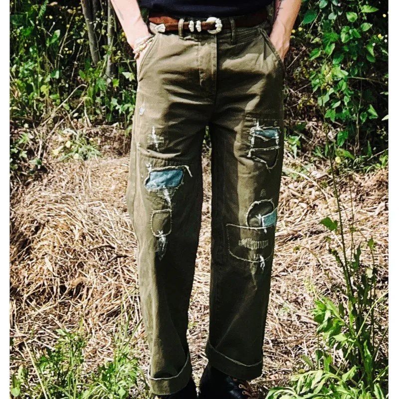 

American Amekaji Wear Retro Tattered Jeans Patch Hand-Painted Graffiti Casual Pants Mid-High Waist Straight Cargo