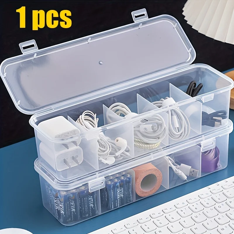 Space-Saving 5-Compartment Wire Organizer Box with Cover, Sturdy Plastic Cable Storage Holder for Office Desk & Home Desktop